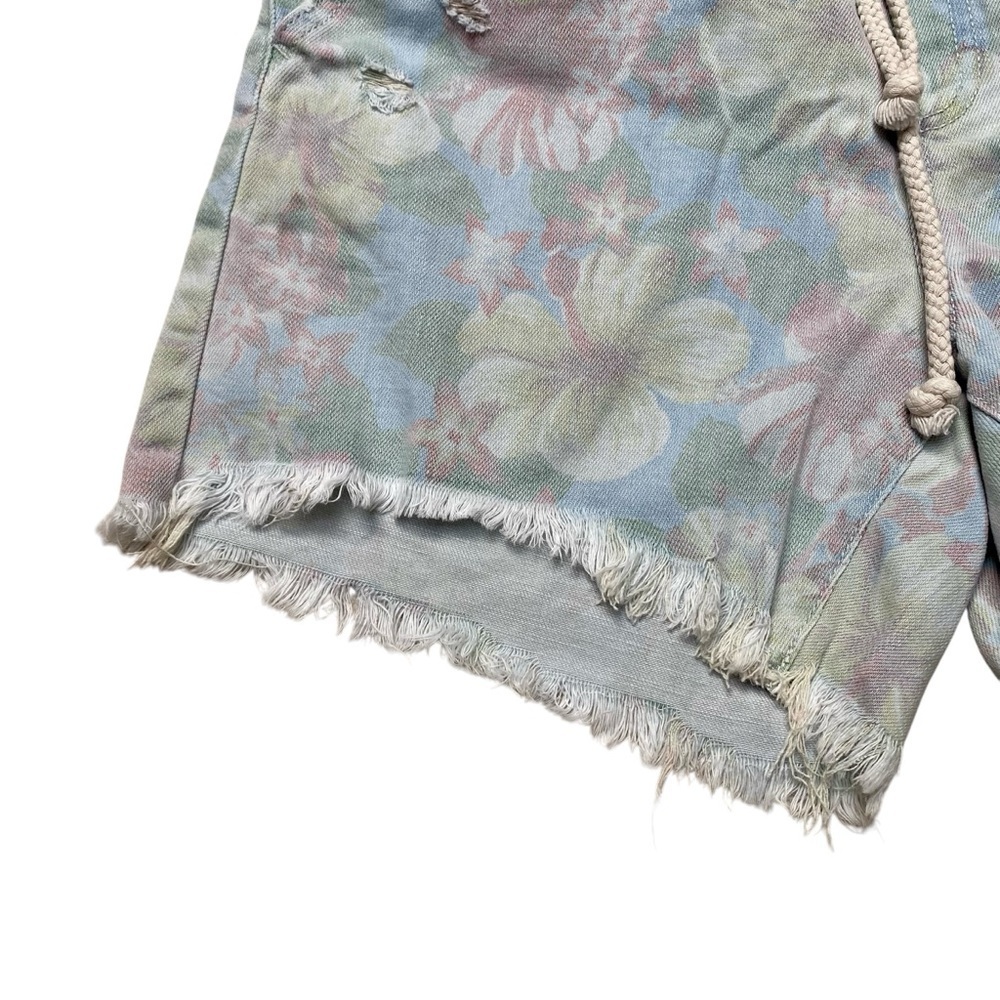 Aerie Floral Denim Shorts Blue Drawstring Elastic Waist Frayed Small - Picture 4 of 12